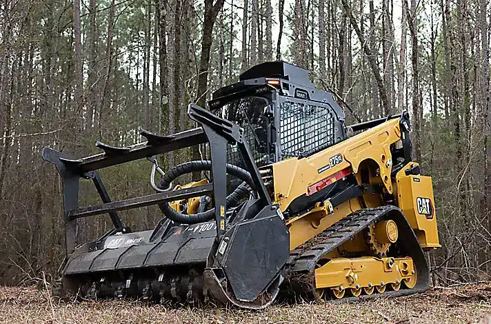 Yellow CAT forestry mulcher clearing dense woodland undergrowth