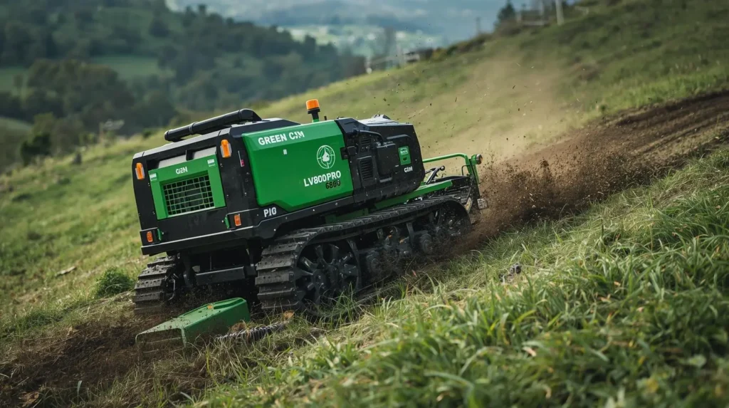 Remote-controlled green forestry mulching machine operating on a steep hillside